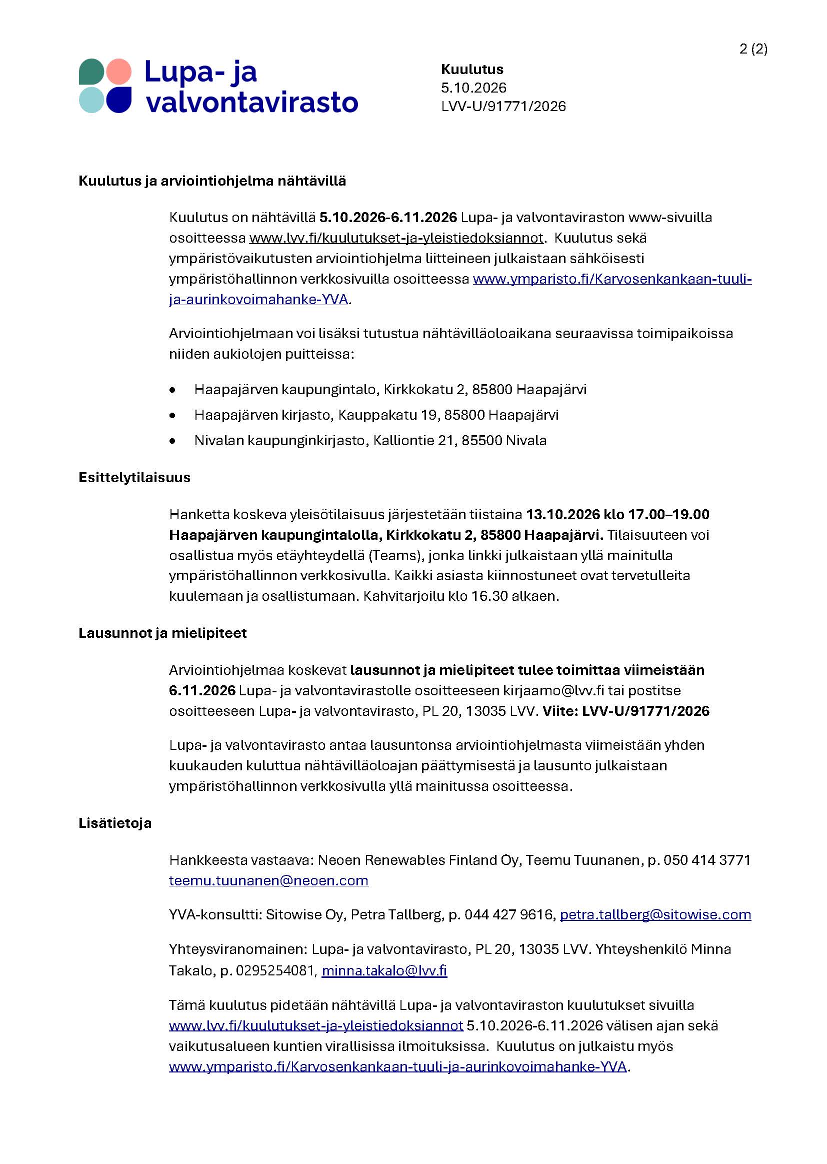 Kuulutus Karvosenkankaan YVA-ohjelmasta
