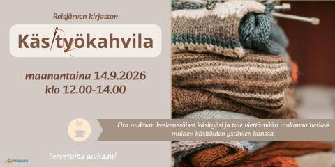 Kirjaston käsityökahvilan mainos 14.9. klo 12-14