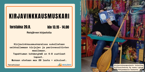 Koristeellinen mainos kirjavinkkausmuskarista. Samat tiedot kuvatekstissä