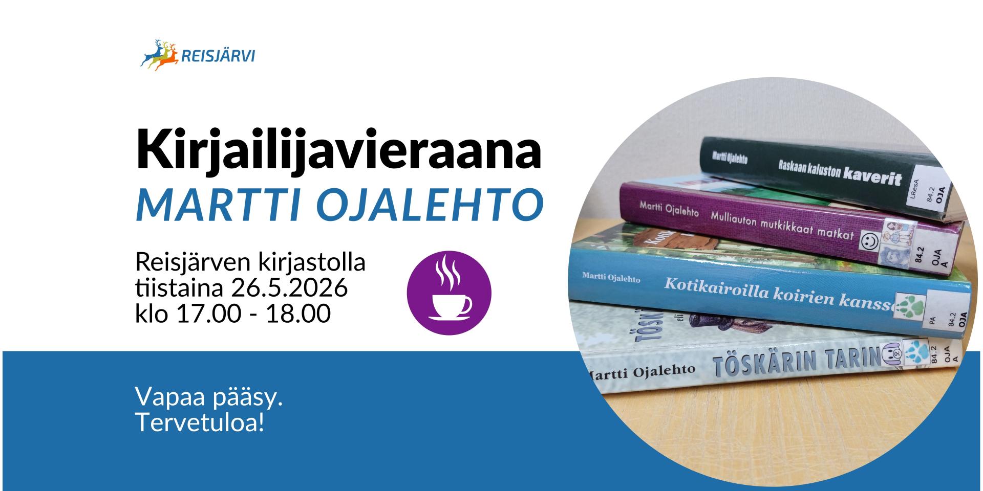 Kirjailijavieraana Martti Ojalehto Reisjärven kirjastossa ti 26.5.2026 klo 17.00 - 18.00.