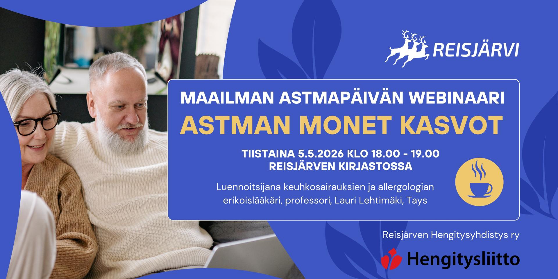 Webinaari Astman monet kasvot Reisjärven kirjastossa ti 5.5.2026 klo 18.00 - 19.00.