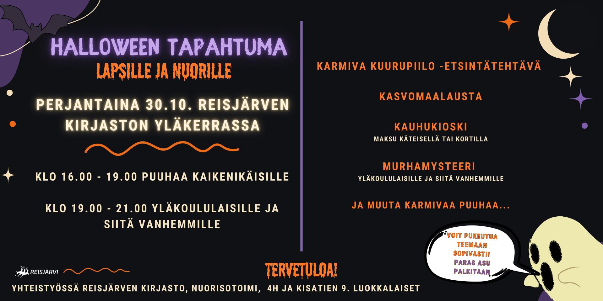 Halloween tapahtuma lapsille ja nuorille pe 30.10.2026 klo 16-21.